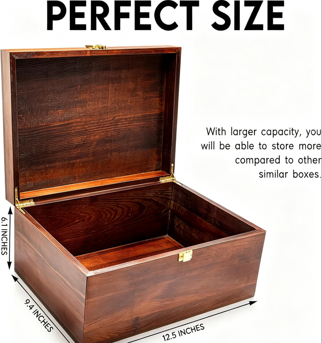 Large Wooden Storage Memory Gift Box with Hinged Lid