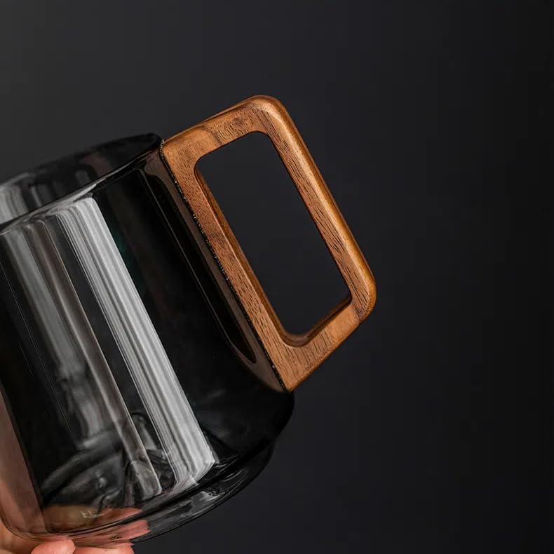 Retro Mountain Embossed Glass Coffee Mug 450ml, Heatproof Cup with Wooden Handle