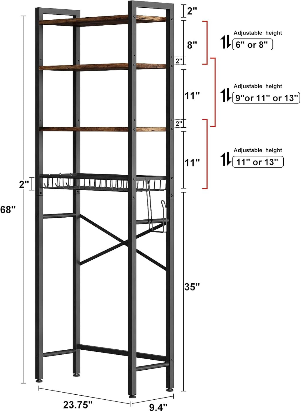 4-Tier Adjustable Bathroom Storage Shelf, Freestanding Over Toilet Space Saver with Basket