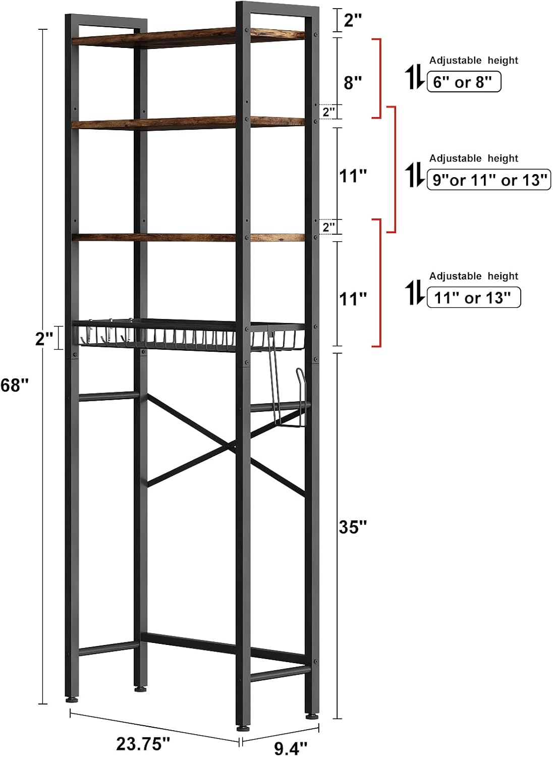 4-Tier Adjustable Bathroom Storage Shelf, Freestanding Over Toilet Space Saver with Basket