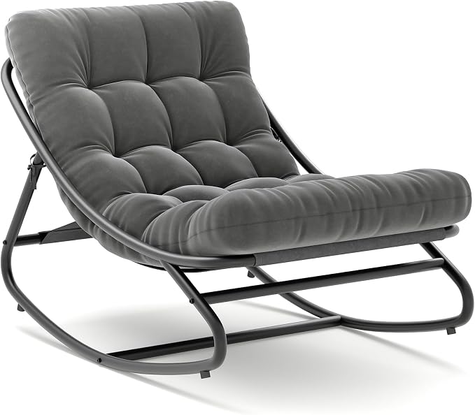 Papasan Rocking Chair, Adjustable Metal Frame Outdoor Rocker with Waterproof Cushion, 450lbs, Dark Gray