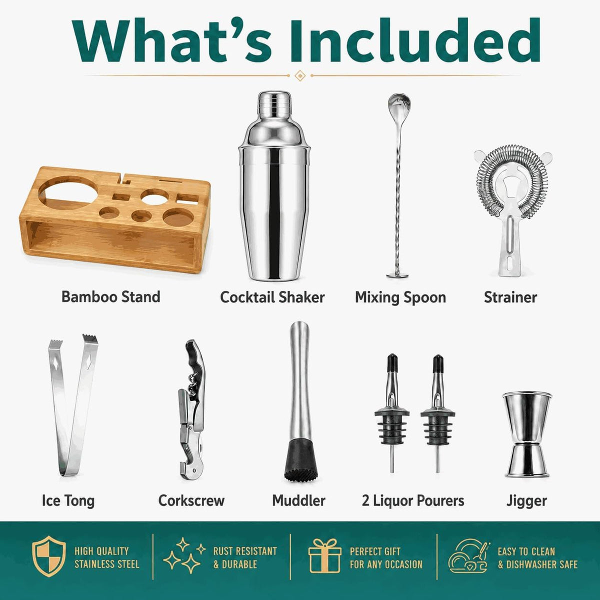 10‑Piece Mixology Bartender Kit, 18/8 Stainless Steel Cocktail Shaker Set with Bamboo Stand