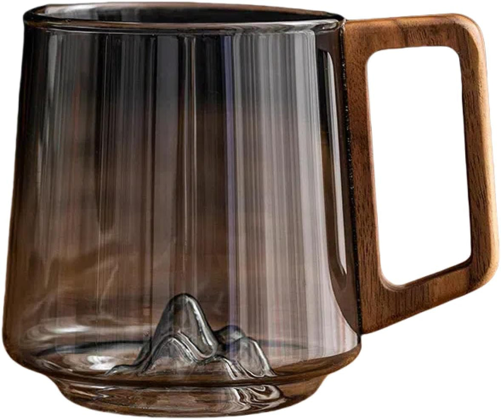 Retro Mountain Embossed Glass Coffee Mug 450ml, Heatproof Cup with Wooden Handle