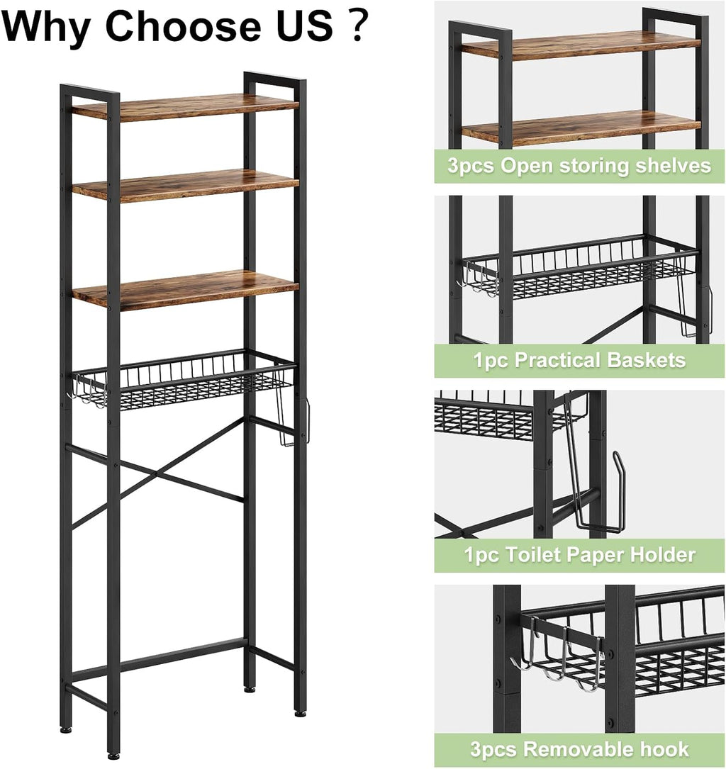 4-Tier Adjustable Bathroom Storage Shelf, Freestanding Over Toilet Space Saver with Basket