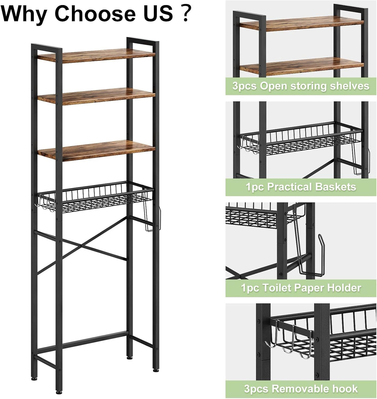 4-Tier Adjustable Bathroom Storage Shelf, Freestanding Over Toilet Space Saver with Basket
