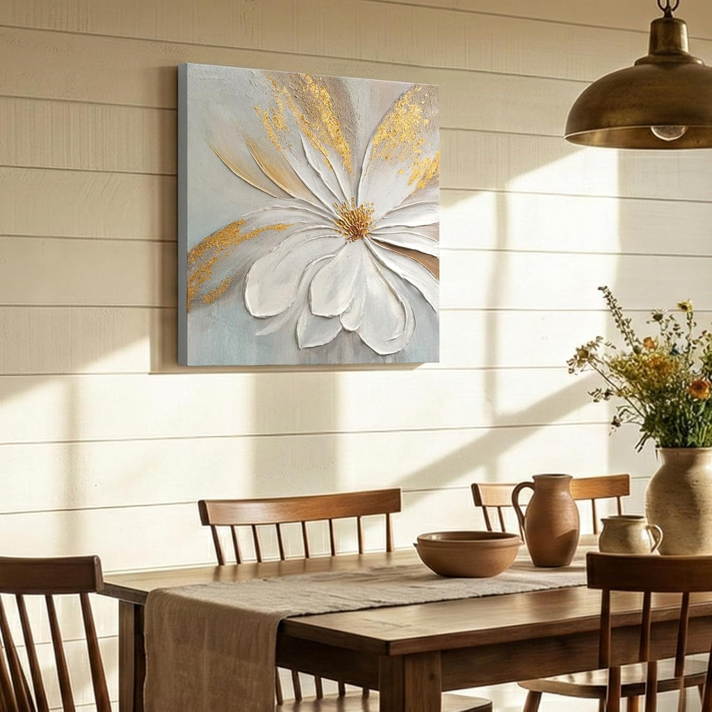 Modern Abstract Floral Canvas Wall Art, Flower Oil Painting with Gold Leaf