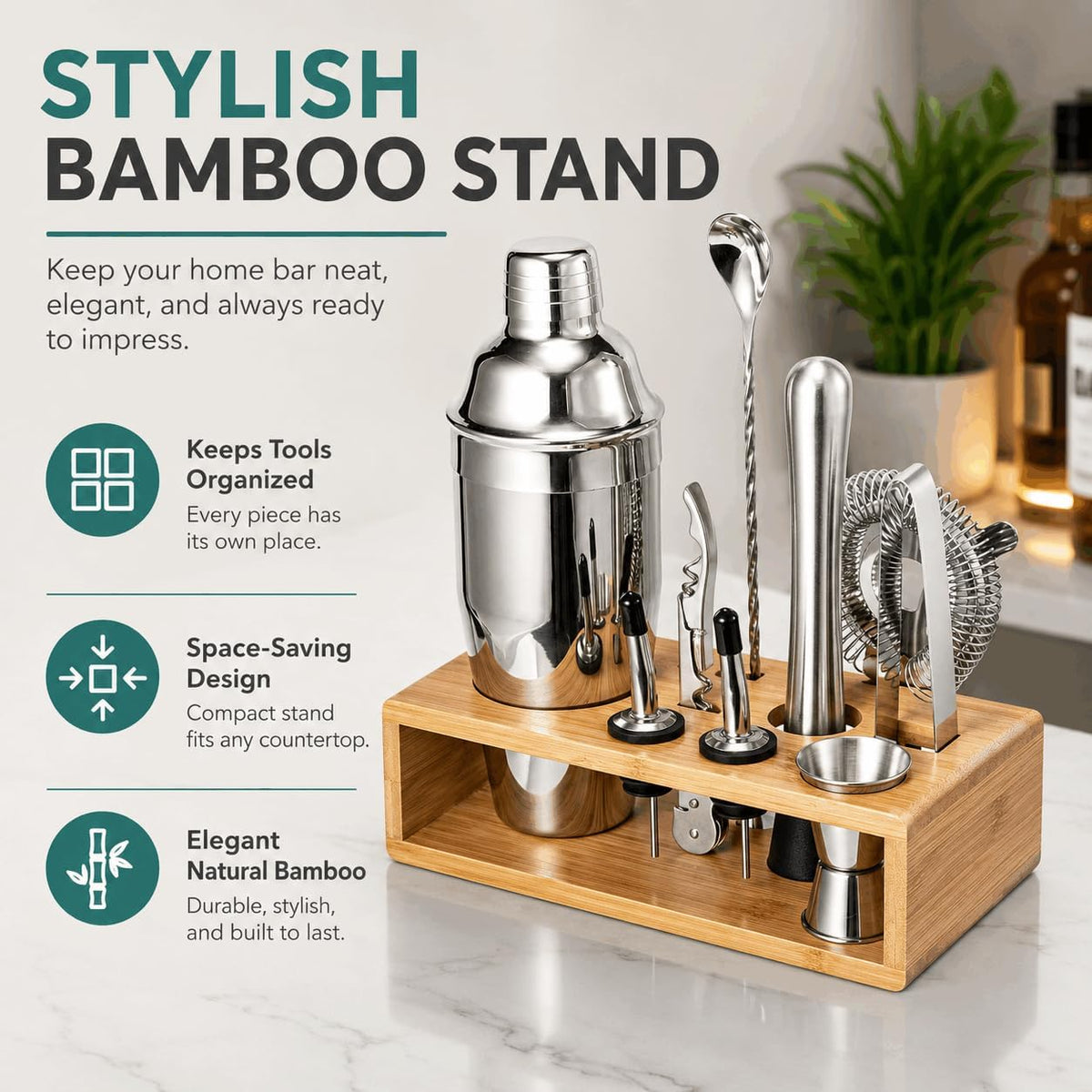 10‑Piece Mixology Bartender Kit, 18/8 Stainless Steel Cocktail Shaker Set with Bamboo Stand