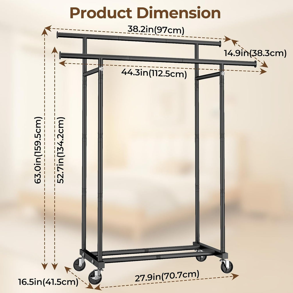 Double Rods Rolling Clothes Rack, Sturdy Metal Garment Rack Portable Wardrobe for Bedroom Laundry Room