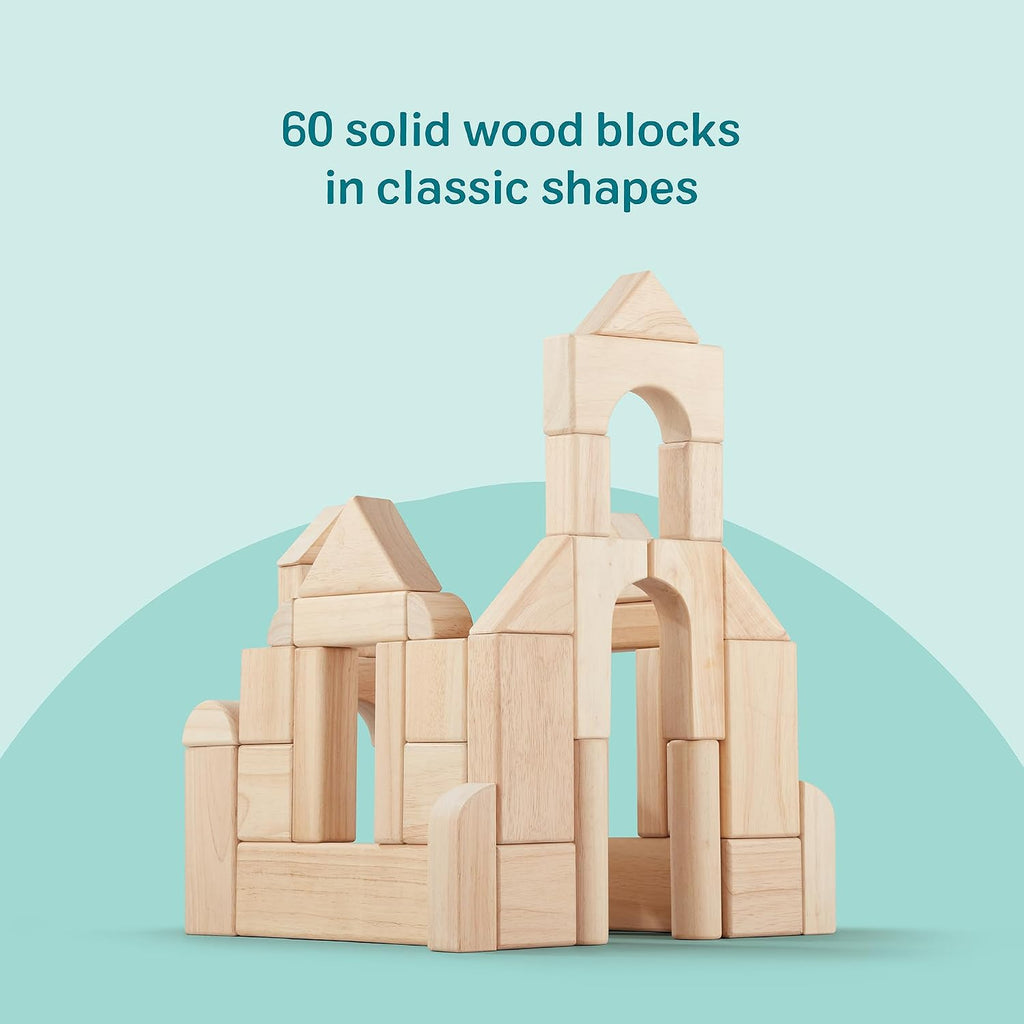 60-Piece Solid Wood Building Blocks with Storage Tray, Hardwood Stacking & Sorting Learning Toys for Kids 3+