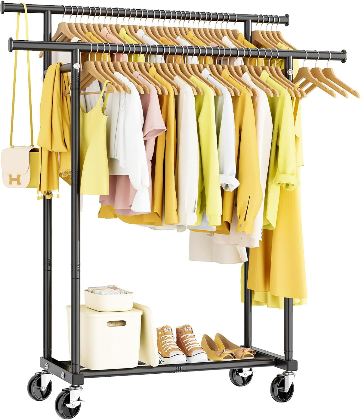 Double Rods Rolling Clothes Rack, Sturdy Metal Garment Rack Portable Wardrobe for Bedroom Laundry Room
