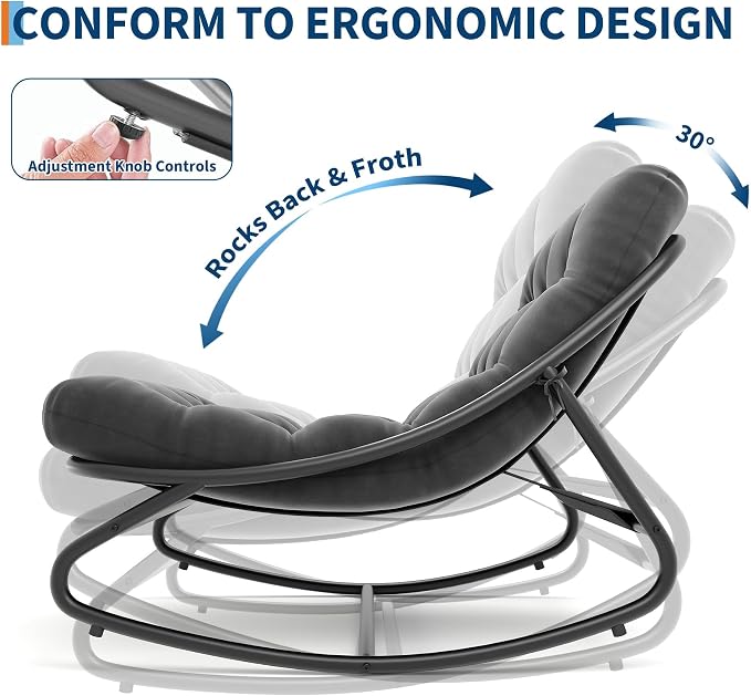 Papasan Rocking Chair, Adjustable Metal Frame Outdoor Rocker with Waterproof Cushion, 450lbs, Dark Gray