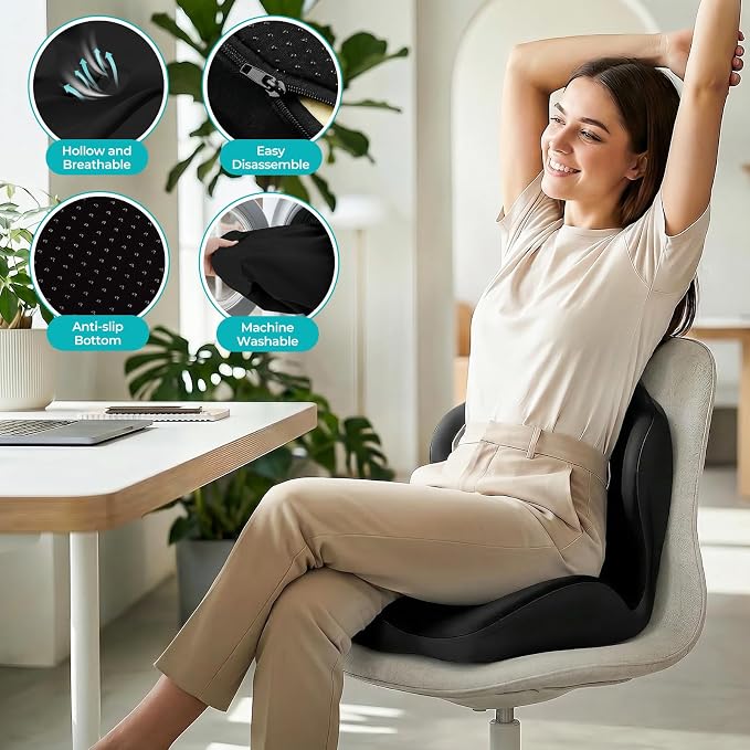 Memory Foam Car Seat & Lumbar Support Cushion, Non-Slip Pad for Long Drive & Daily Use