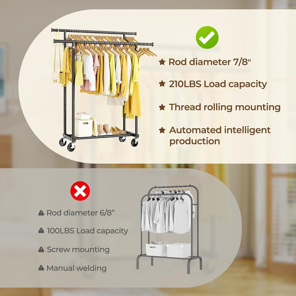 Double Rods Rolling Clothes Rack, Sturdy Metal Garment Rack Portable Wardrobe for Bedroom Laundry Room