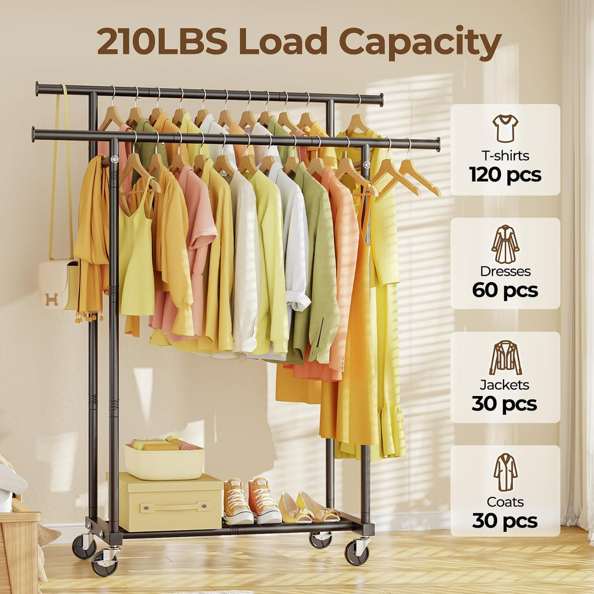 Double Rods Rolling Clothes Rack, Sturdy Metal Garment Rack Portable Wardrobe for Bedroom Laundry Room