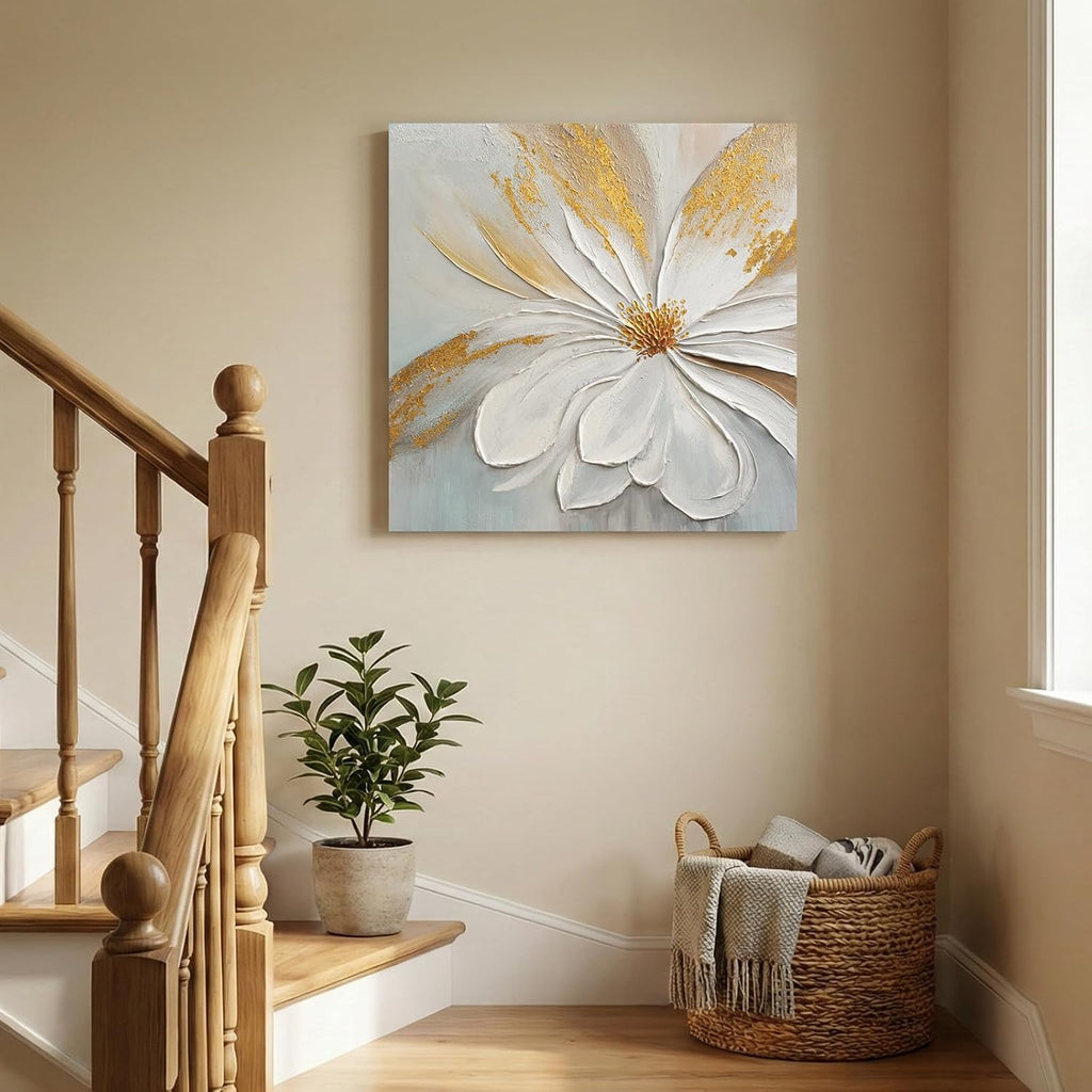 Modern Abstract Floral Canvas Wall Art, Flower Oil Painting with Gold Leaf