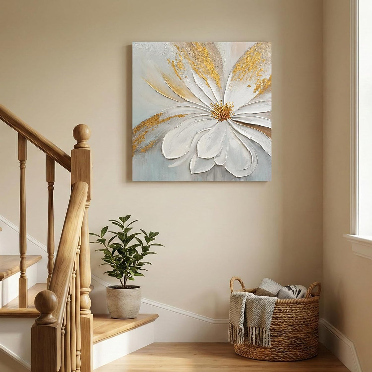 Modern Abstract Floral Canvas Wall Art, Flower Oil Painting with Gold Leaf
