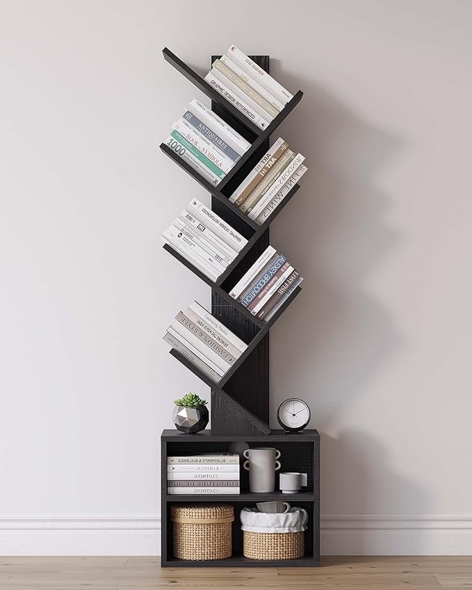 Premium 6-Tier Tree Bookcase, Minimalist Tall Storage Bookshelf with Cabinet