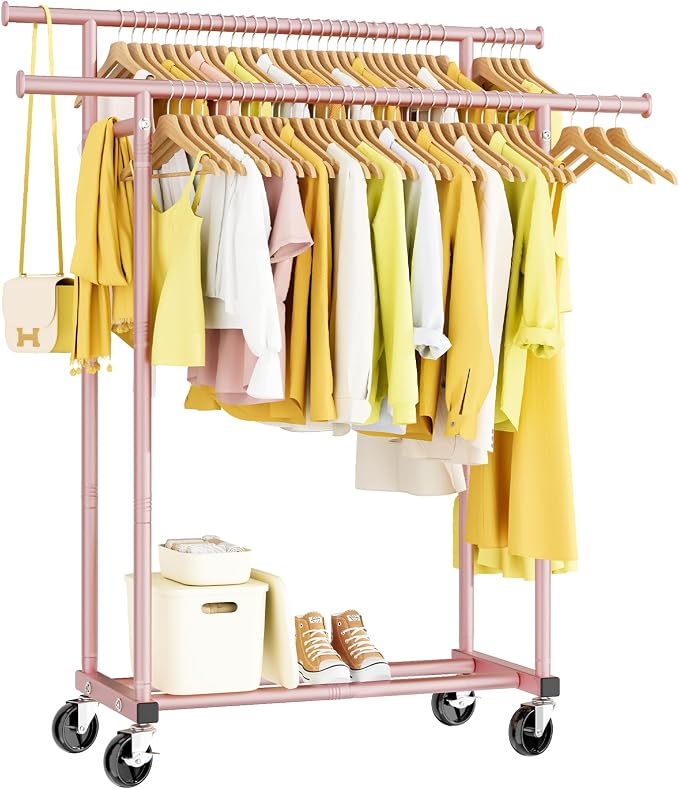 Double Rods Rolling Clothes Rack, Sturdy Metal Garment Rack Portable Wardrobe for Bedroom Laundry Room
