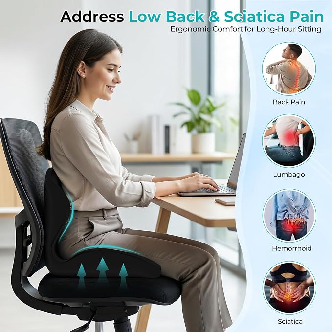 Memory Foam Car Seat & Lumbar Support Cushion, Non-Slip Pad for Long Drive & Daily Use