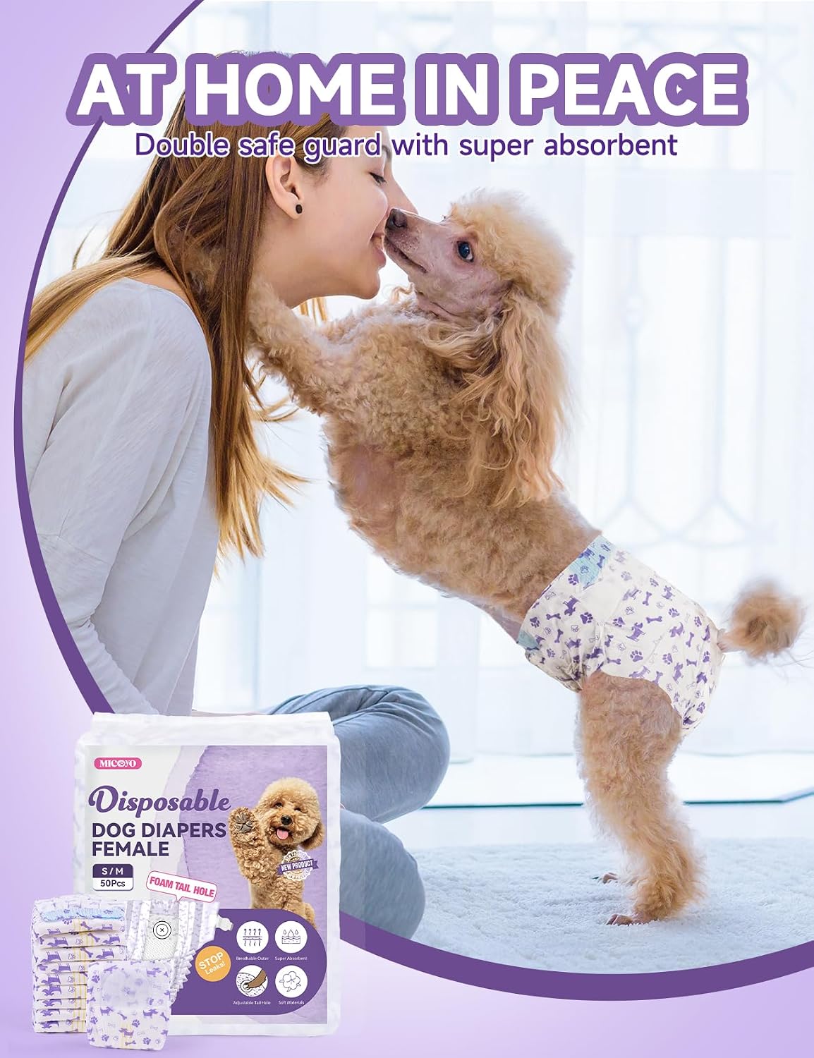 Disposable Dog Diapers (50-Pack) – Ultra-Absorbent, Foam Tail Hole, for Small Dogs