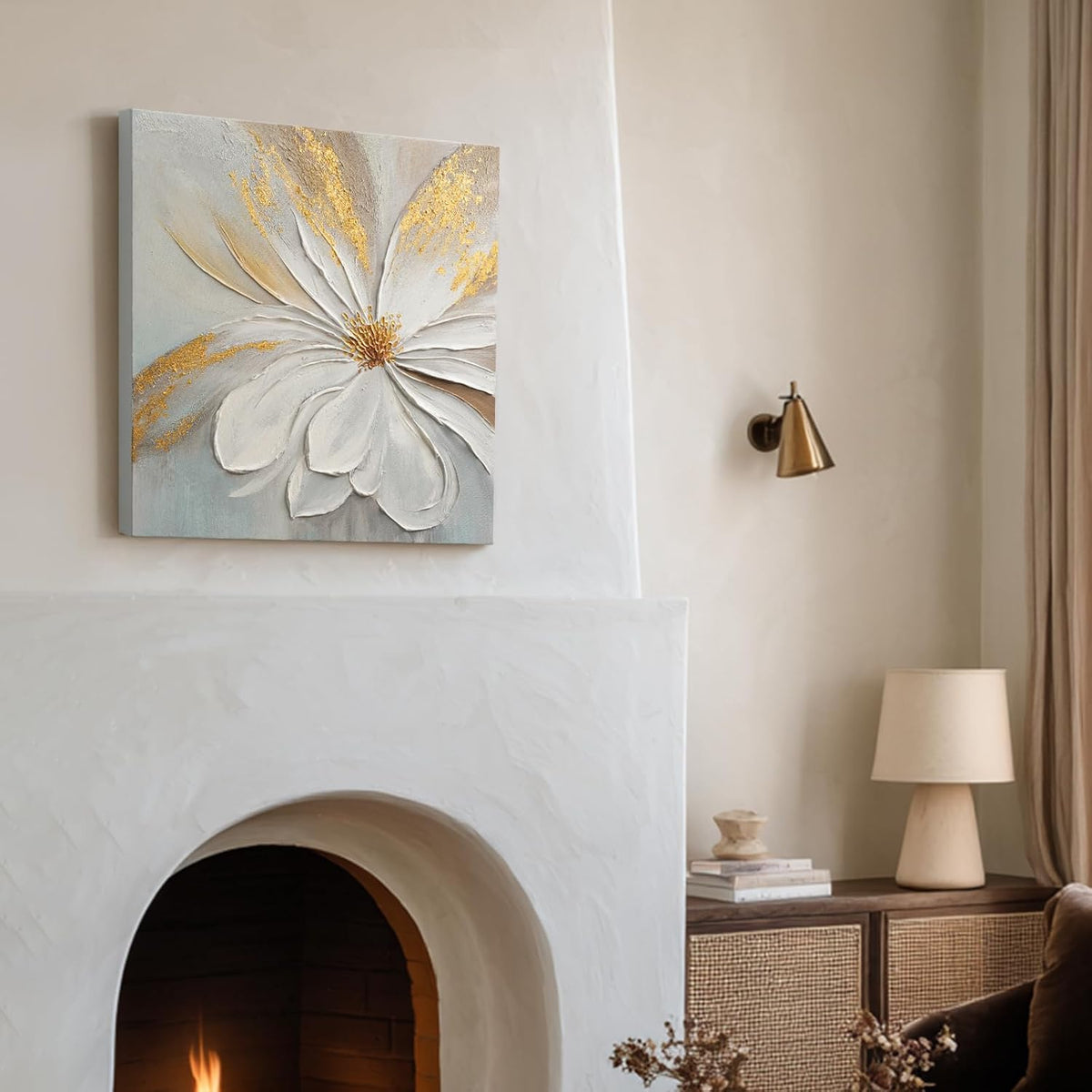 Modern Abstract Floral Canvas Wall Art, Flower Oil Painting with Gold Leaf