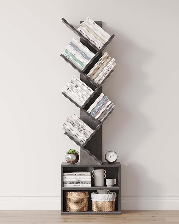 Premium 6-Tier Tree Bookcase, Minimalist Tall Storage Bookshelf with Cabinet