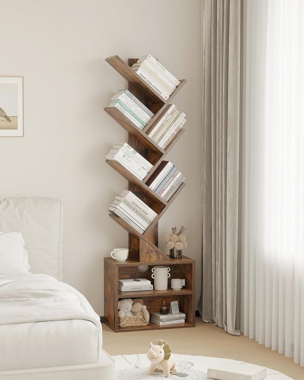 Premium 6-Tier Tree Bookcase, Minimalist Tall Storage Bookshelf with Cabinet