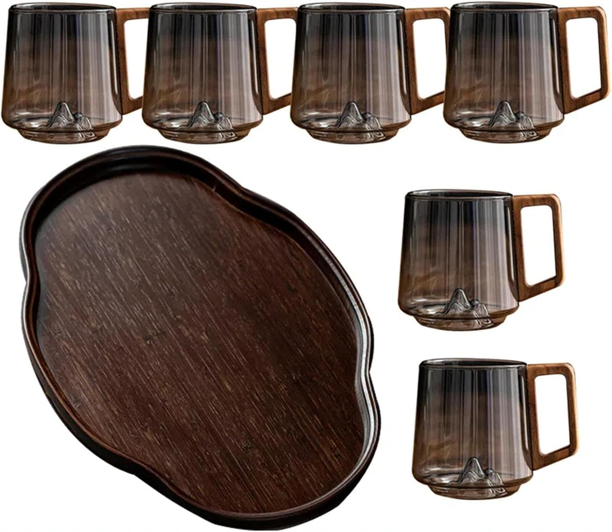 Retro Mountain Embossed Glass Coffee Mug 450ml, Heatproof Cup with Wooden Handle