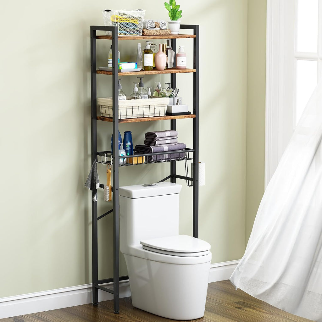 4-Tier Adjustable Bathroom Storage Shelf, Freestanding Over Toilet Space Saver with Basket