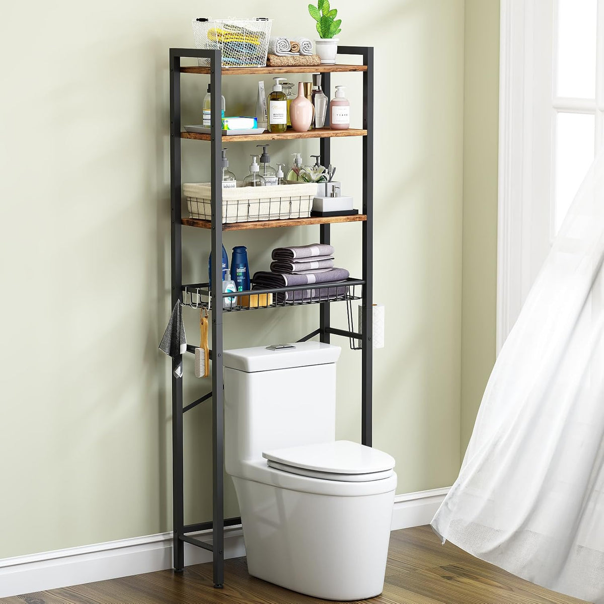 4-Tier Adjustable Bathroom Storage Shelf, Freestanding Over Toilet Space Saver with Basket