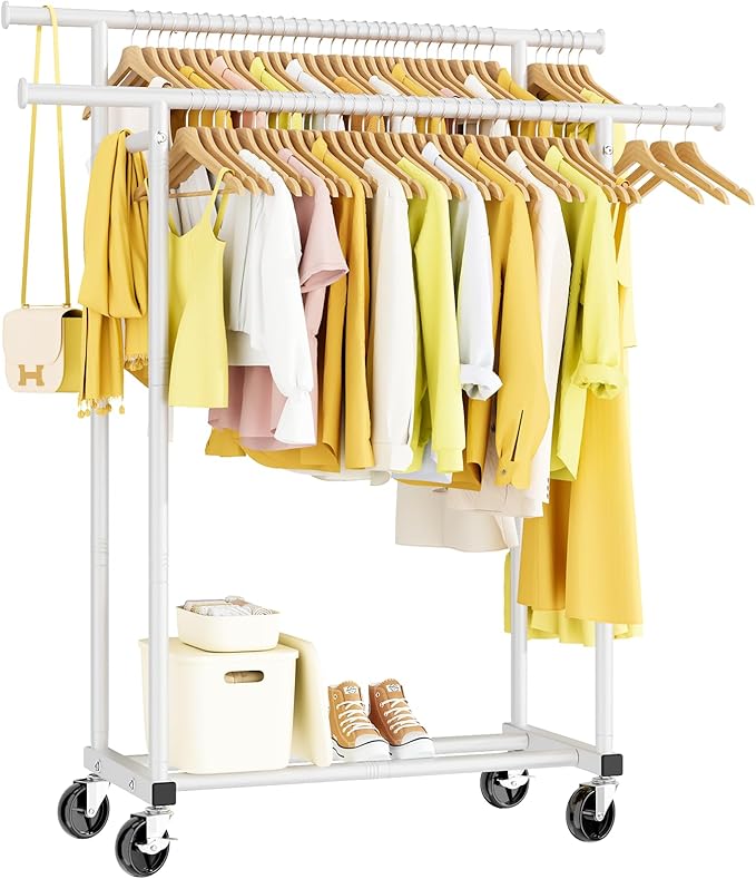 Double Rods Rolling Clothes Rack, Sturdy Metal Garment Rack Portable Wardrobe for Bedroom Laundry Room