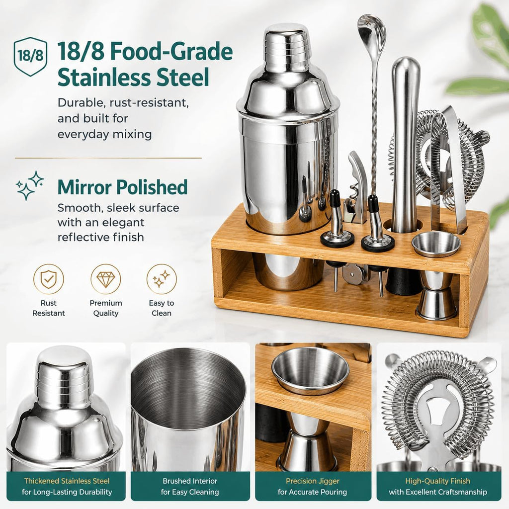 10‑Piece Mixology Bartender Kit, 18/8 Stainless Steel Cocktail Shaker Set with Bamboo Stand