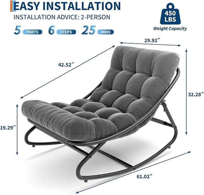 Papasan Rocking Chair, Adjustable Metal Frame Outdoor Rocker with Waterproof Cushion, 450lbs, Dark Gray