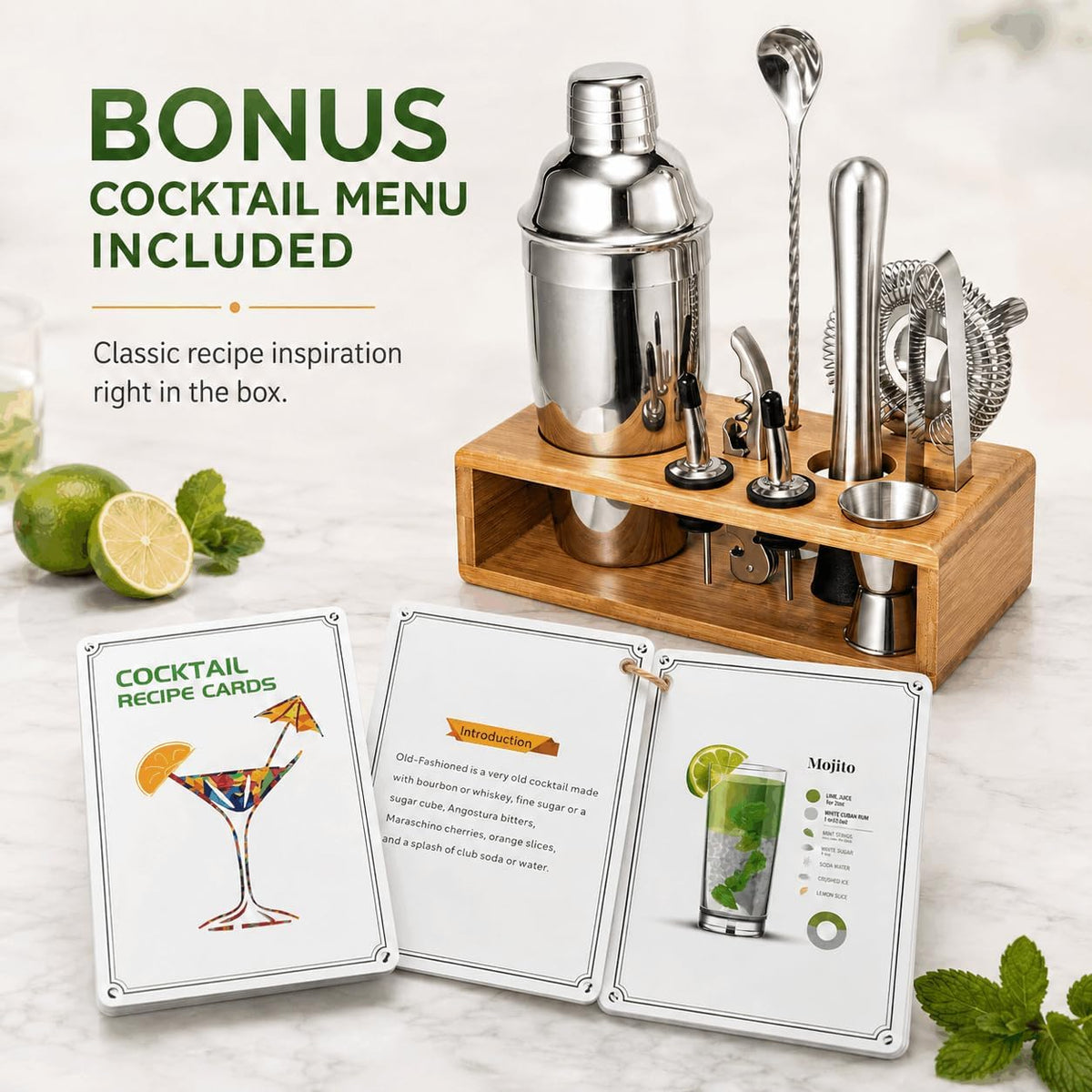 10‑Piece Mixology Bartender Kit, 18/8 Stainless Steel Cocktail Shaker Set with Bamboo Stand