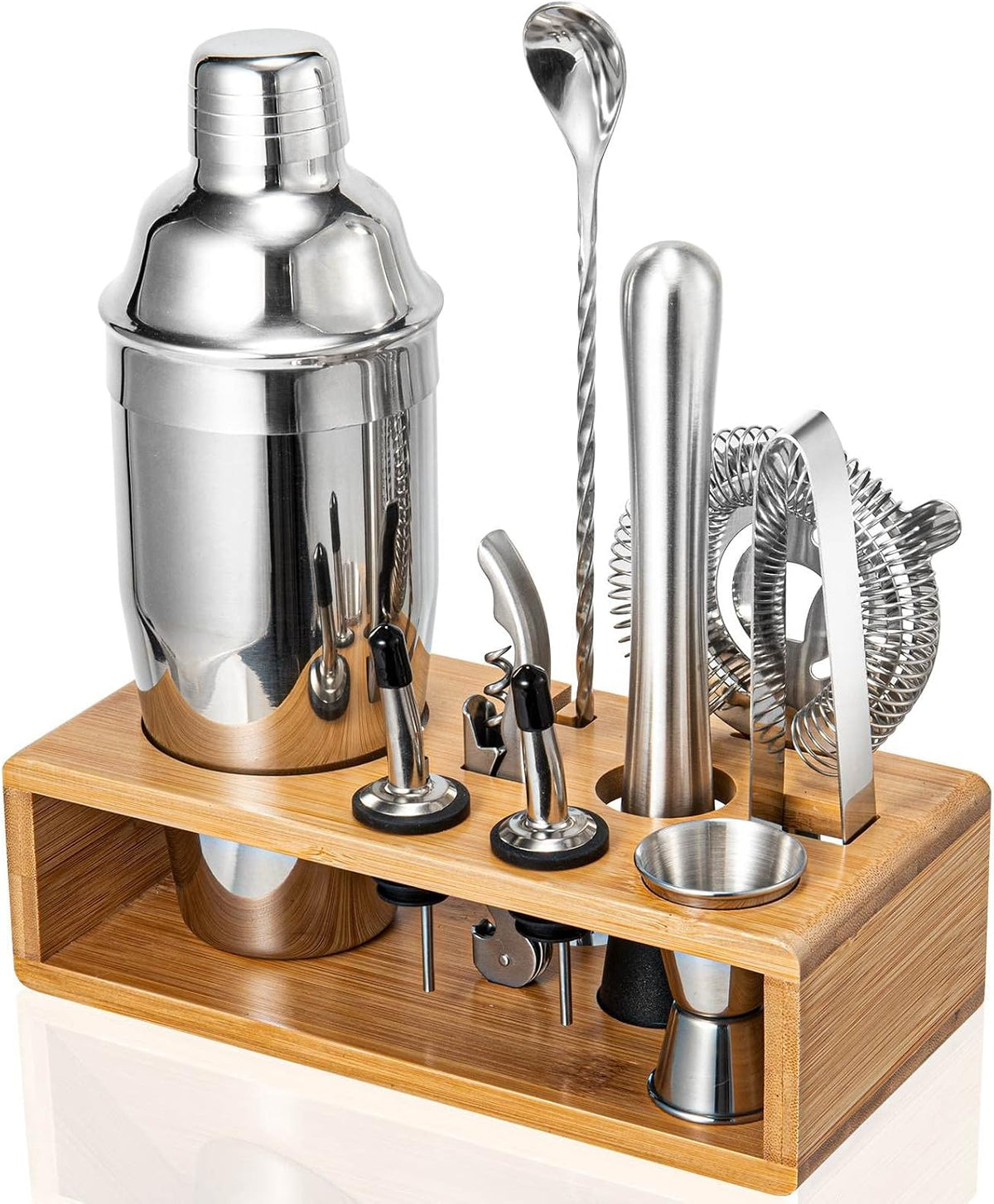 10‑Piece Mixology Bartender Kit, 18/8 Stainless Steel Cocktail Shaker Set with Bamboo Stand