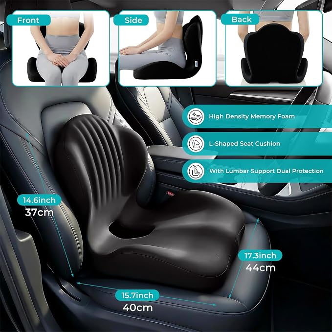 Memory Foam Car Seat & Lumbar Support Cushion, Non-Slip Pad for Long Drive & Daily Use