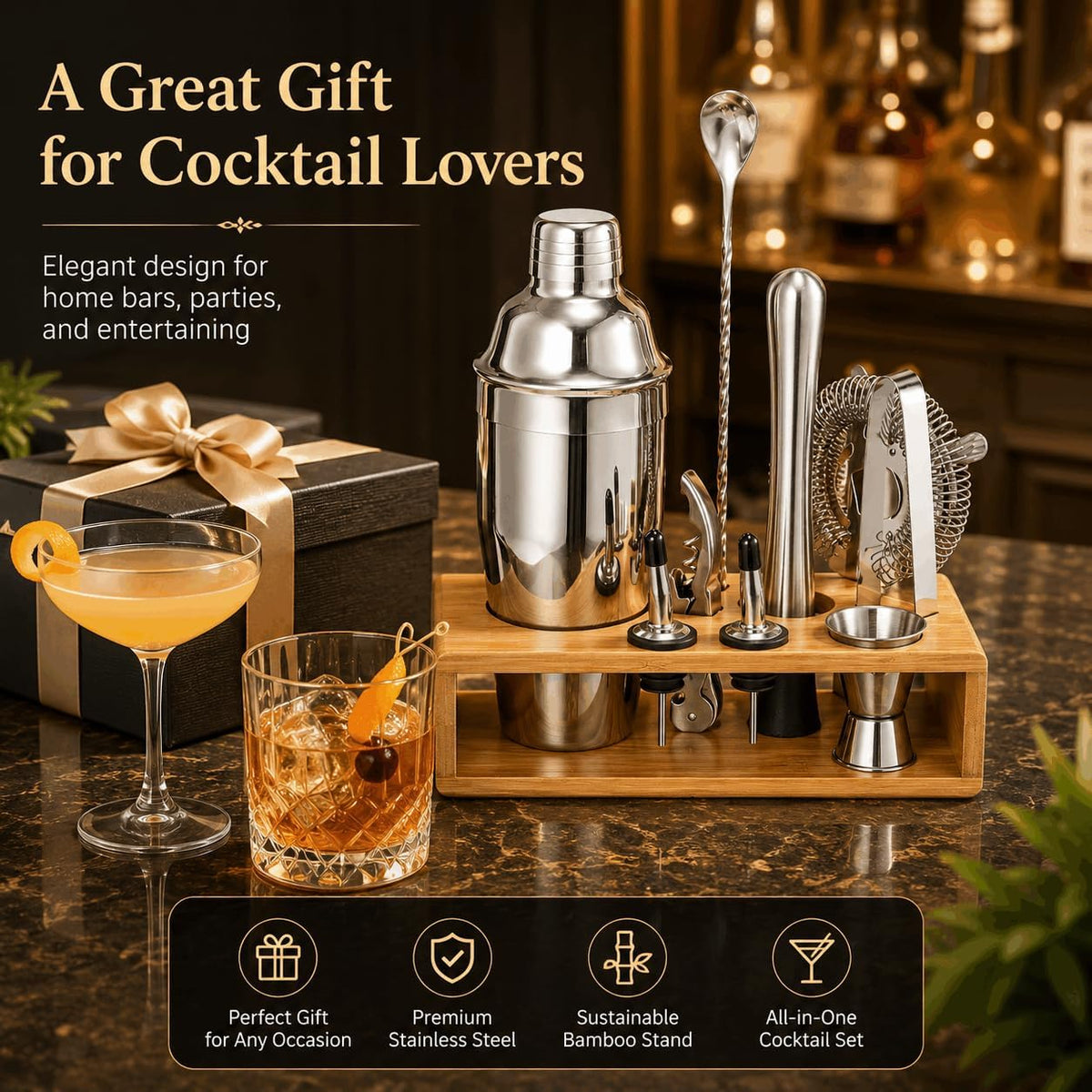10‑Piece Mixology Bartender Kit, 18/8 Stainless Steel Cocktail Shaker Set with Bamboo Stand
