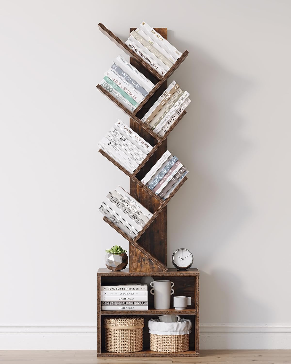 Premium 6-Tier Tree Bookcase, Minimalist Tall Storage Bookshelf with Cabinet