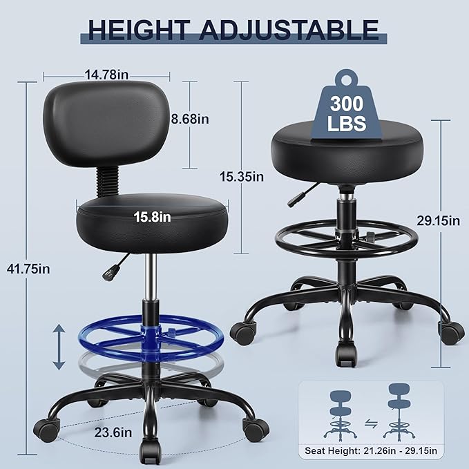 Drafting Chair with Backrest – Adjustable Foot Rest Rolling Stool with Wheels