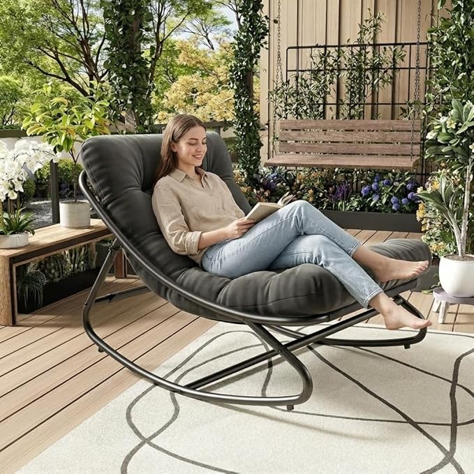 Papasan Rocking Chair, Adjustable Metal Frame Outdoor Rocker with Waterproof Cushion, 450lbs, Dark Gray