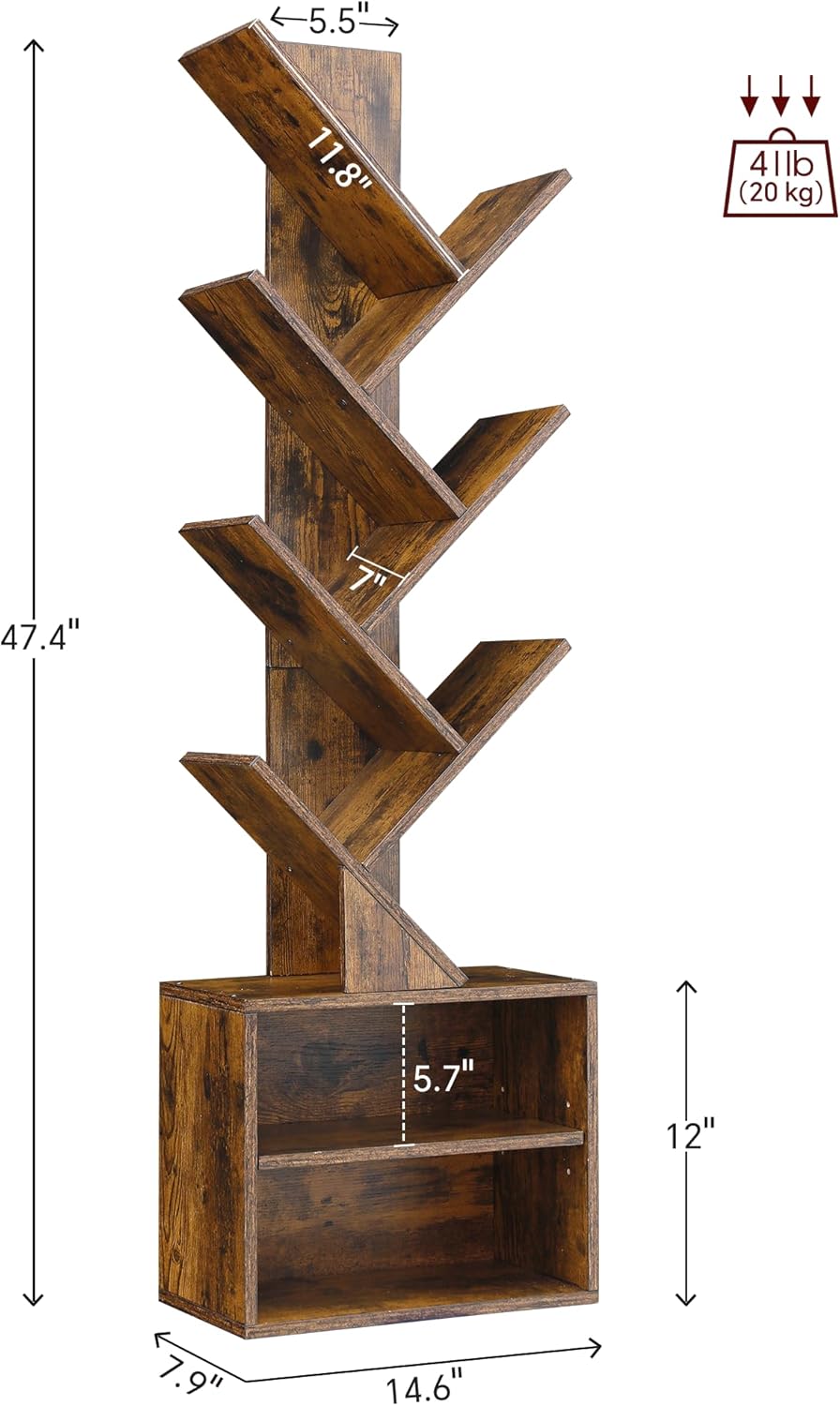 Premium 6-Tier Tree Bookcase, Minimalist Tall Storage Bookshelf with Cabinet
