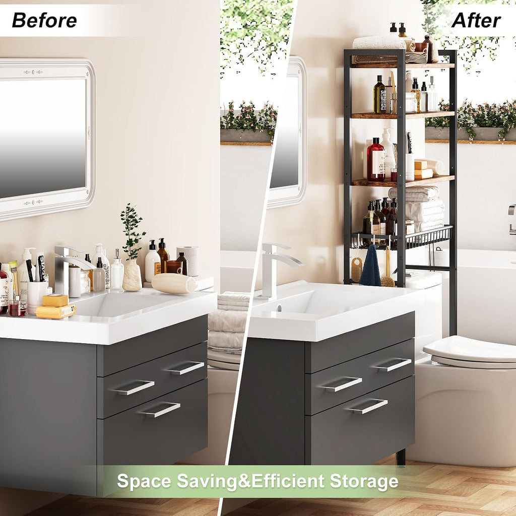 4-Tier Adjustable Bathroom Storage Shelf, Freestanding Over Toilet Space Saver with Basket