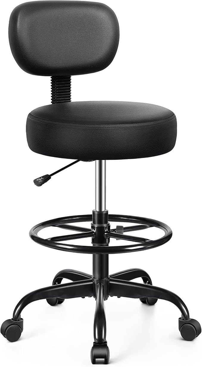 Drafting Chair with Backrest – Adjustable Foot Rest Rolling Stool with Wheels