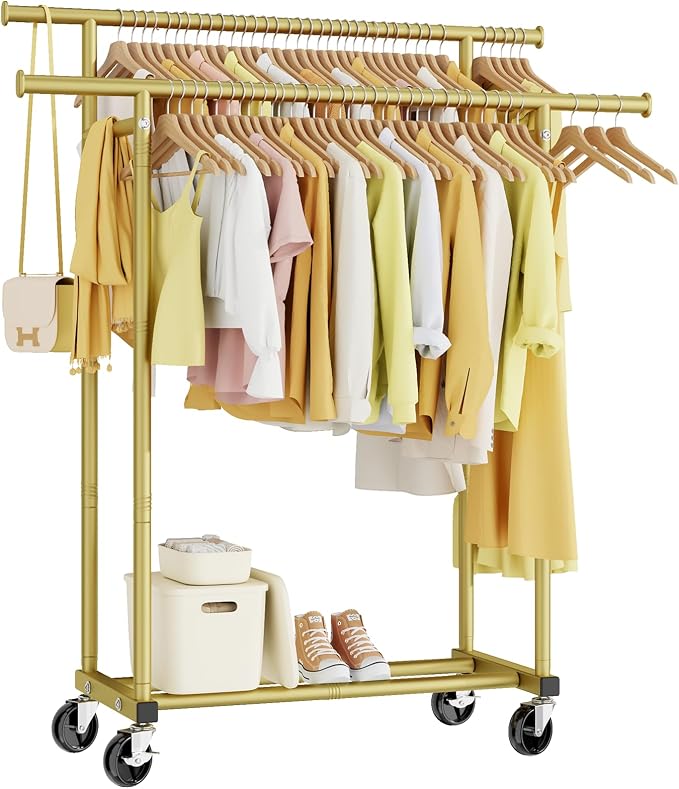 Double Rods Rolling Clothes Rack, Sturdy Metal Garment Rack Portable Wardrobe for Bedroom Laundry Room