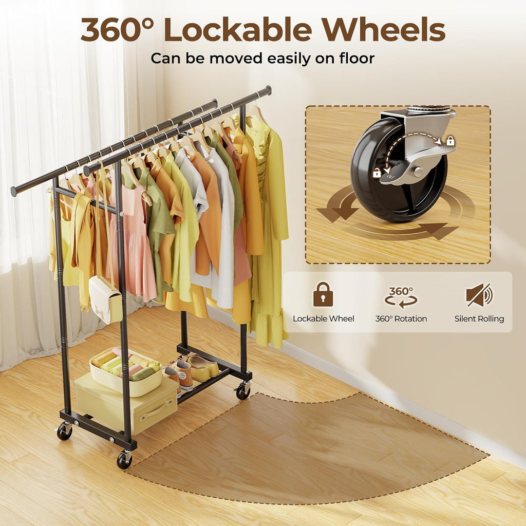 Double Rods Rolling Clothes Rack, Sturdy Metal Garment Rack Portable Wardrobe for Bedroom Laundry Room
