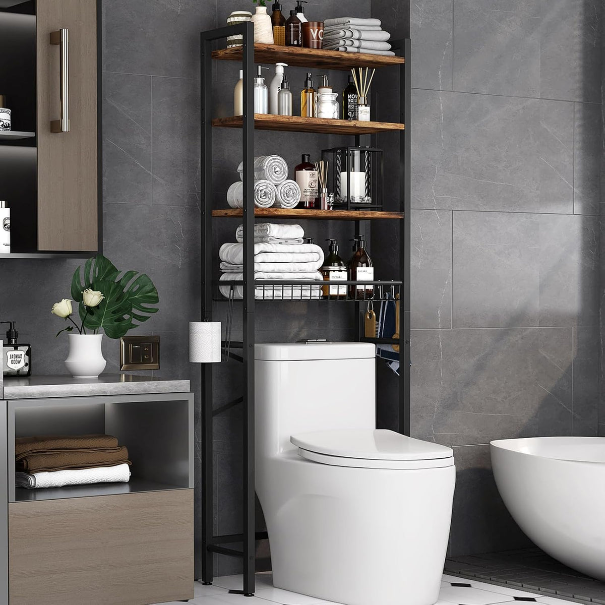 4-Tier Adjustable Bathroom Storage Shelf, Freestanding Over Toilet Space Saver with Basket