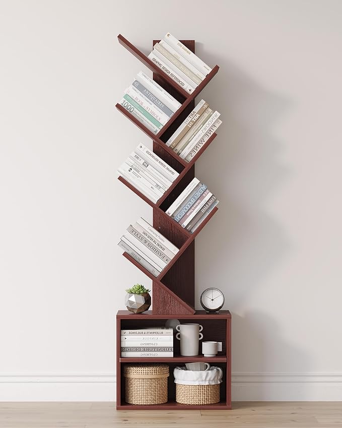 Premium 6-Tier Tree Bookcase, Minimalist Tall Storage Bookshelf with Cabinet