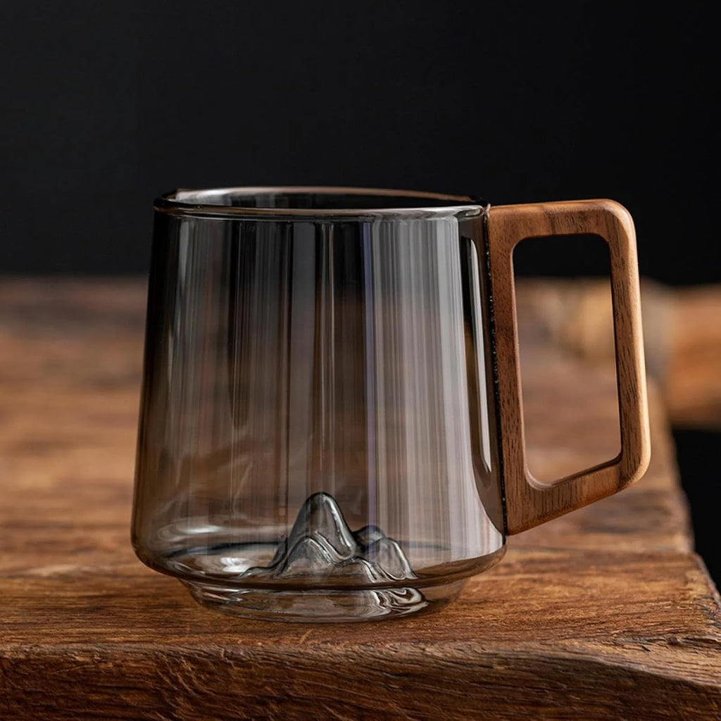 Retro Mountain Embossed Glass Coffee Mug 450ml, Heatproof Cup with Wooden Handle