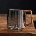 Retro Mountain Embossed Glass Coffee Mug 450ml, Heatproof Cup with Wooden Handle