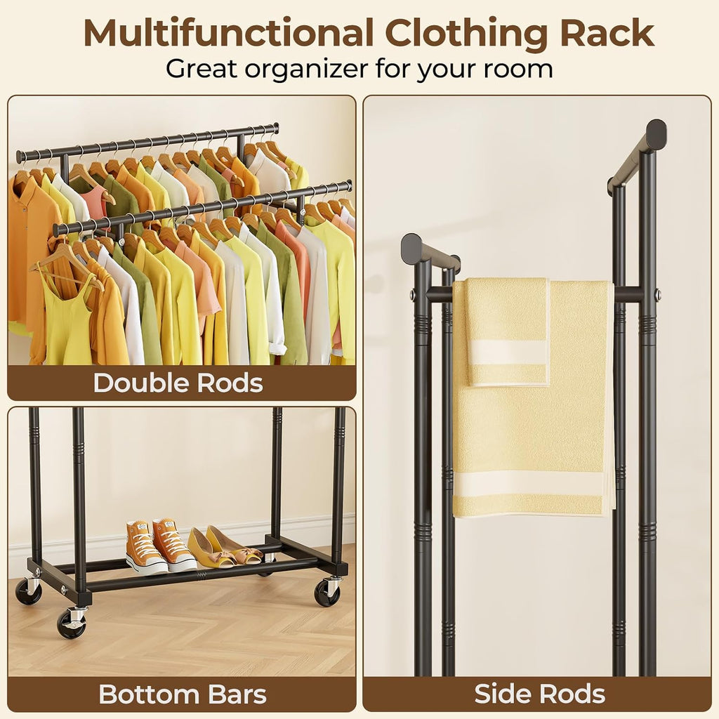 Double Rods Rolling Clothes Rack, Sturdy Metal Garment Rack Portable Wardrobe for Bedroom Laundry Room